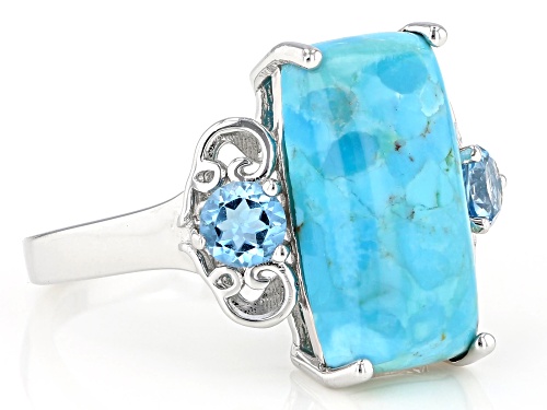 16x9mm Rectangular Cushion Turquoise and 0.54ctw Swiss Blue Topaz Rhodium Over Sterling Silver Ring - Size 8