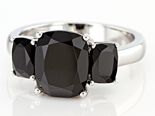 3.91ctw Rectangular Cushion Black Spinel Rhodium Over Sterling Silver 3-Stone Ring - Size 7