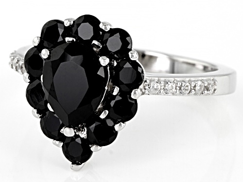 1.02 ctw Round and 1.15ct pear black spinel with 0.18ctw white zircon rhodium Over Silver ring - Size 8