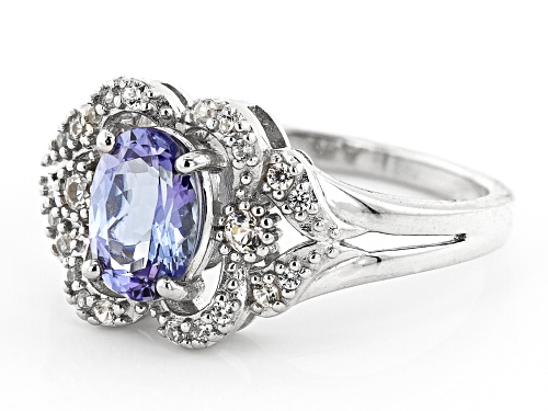 1.06CT OVAL TANZANITE WITH .23CTW WHITE ZIRCON RHODIUM OVER STERLING SILVER RING - Size 8