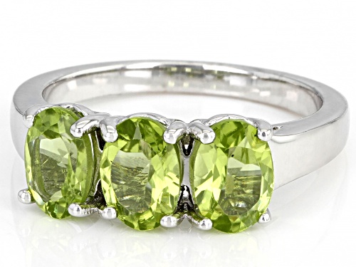 2.05ctw Oval Manchurian Peridot(TM) Rhodium Over Sterling Silver 3-stone Ring - Size 7