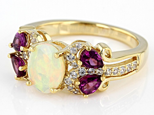 1.73ctw Ethiopian Opal, Raspberry Color Rhodolite & White Zircon 18K Yellow Gold Over Silver Ring - Size 11