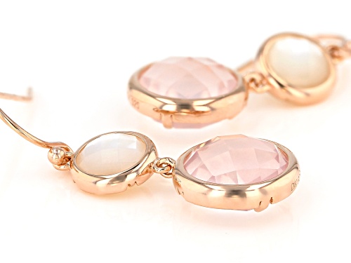 12mm Round Checkerboard Cut Rose Quartz and 8mm Mother-of-Pearl 18k Rose Gold Over Silver Earrings