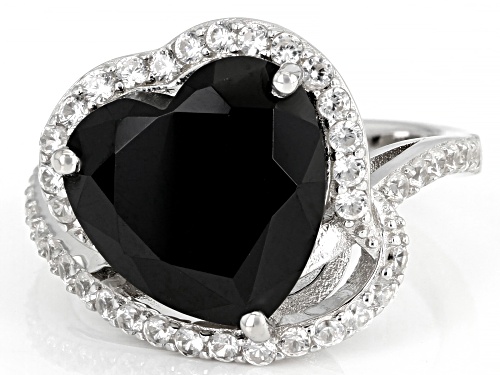5.95ct Heart shaped black spinel with 0.71ctw round white zircon rhodium over sterling silver ring - Size 8