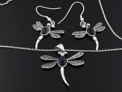 Blue John Fluorite Doublet Dragonfly Sterling Drop Earrings And Pendant With Chain C.W. Sellors Box