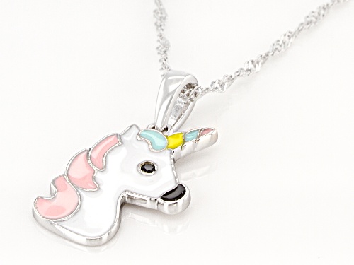 .02ct Black Spinel Multi-Color Enamel & Rhodium Over Silver Children's Unicorn Pendant With Chain
