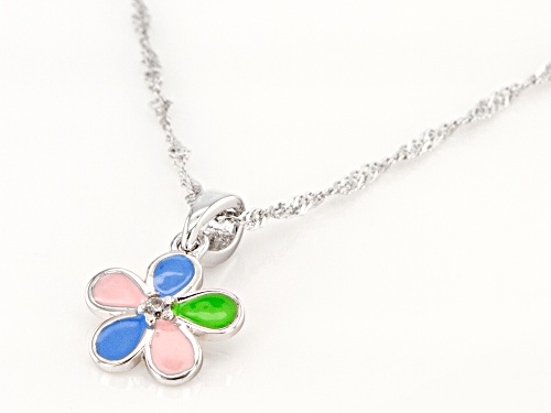 Multi-Color Enamel & .02ct Round Zircon Rhodium Over Silver Children's Flower Pendant With Chain