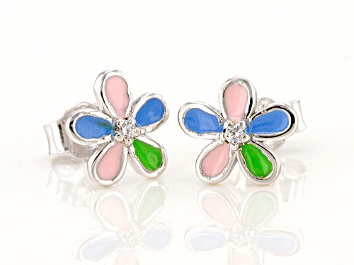Multi-Color Enamel & .02ctw White Zircon Rhodium Over Silver Children's Flower Stud Earrings