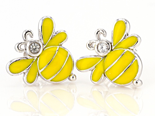 .03ctw Round White Zircon Yellow Enamel And Rhodium Over Silver Children's Bee Stud Earrings