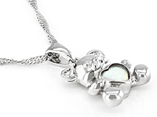 0.45ct Heart Shape Lab Created Opal Rhodium Over Silver Teddy Bear Children's Pendant With Chain