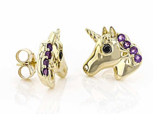 0.10ctw Round Amethyst With 0.04ctw Black Spinel 10k Yellow Gold Children's Unicorn Stud Earrings