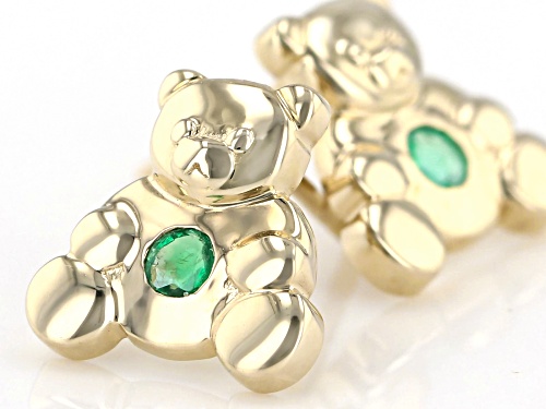 .07ctw Round Emerald 10k Yellow Gold Children's Teddy Bear Stud Earrings