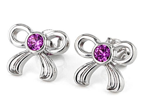 0.22ctw Round Lab Created Pink Sapphire Rhodium Over Sterling Silver Children's Bow Earrings