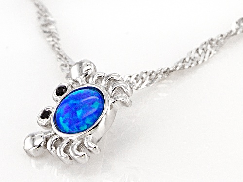 .10ctw Lab Created Blue Opal & Black Spinel Rhodium Over Silver Children's Crab Pendant With Chain