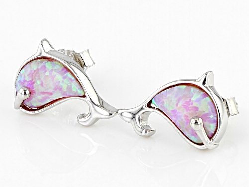 0.43ctw Pink Lab Created Opal Rhodium Over Sterling Silver Children's Whale Earrings