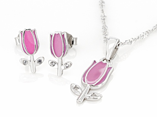 0.16ctw Lab Sapphire & Purple Enamel Rhodium Over Silver Children's Flower Pendant & Earrings Set