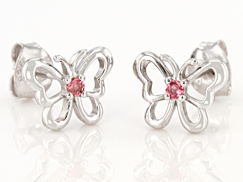 .08ctw Round Pink Tourmaline Rhodium Over Sterling Silver Children's Butterfly Stud Earrings