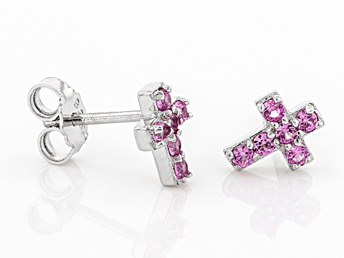 .31ctw Round Lab Created Pink Sapphire Rhodium Over Sterling Silver Children's Cross Earrings