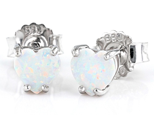 0.47ctw Heart Shape Lab Created Opal Rhodium Over Silver Children's Birthstone Earrings