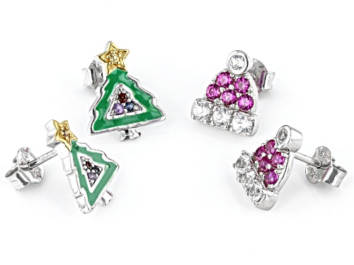 0.86ctw Multi-Gem & Enamel Rhodium Over Silver Santa Hat & Christmas Tree Children's Earring Set