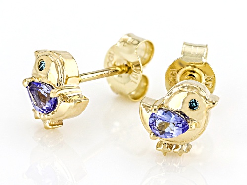 0.31ctw Tanzanite And Blue Diamond Accent10k Yellow Gold Children's Bird Earrings