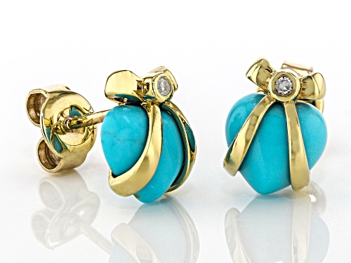 7mm Sleeping Beauty Turquoise And 0.01ctw White Diamond 10k Yellow Gold Children's Heart Earrings