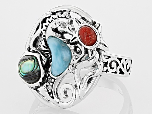4x3mm Oval Red Coral, Larimar, With Abalone Shell and 0.03ctw White Zircon Sterling Silver Ring - Size 6