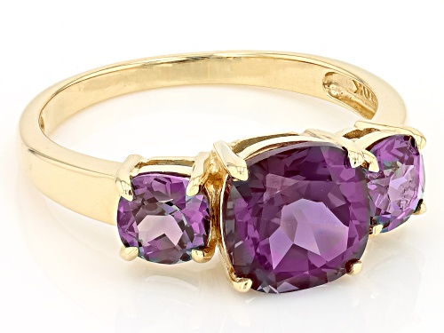 3.74ctw Square Cushion Lab Created Alexandrite 3-Stone 10k Yellow Gold Ring - Size 5