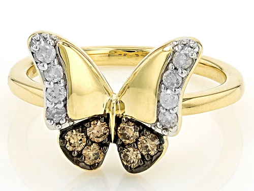 0.33ctw Round Champagne And White Diamond 10k Yellow Gold Butterfly Ring - Size 11