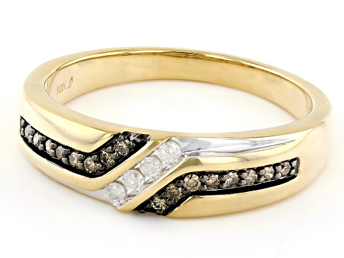 0.25ctw Round Champagne And White Diamond 10k Yellow Gold Mens Band Ring - Size 10