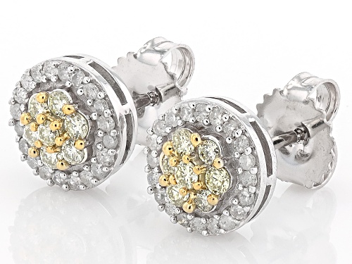 0.55ctw Round Natural Yellow And White Diamond 10k White Gold Cluster Stud Earrings