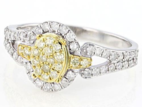 0.55ctw Round Natural Yellow And White Diamond 10k White Gold Cluster Ring - Size 6