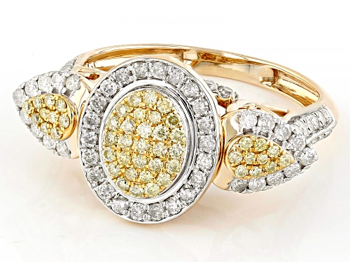 0.95ctw Round Natural Yellow And White Diamond 10k Yellow Gold Cluster Ring - Size 6