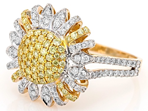 0.85ctw Round Natural Yellow And White Diamond 10k Yellow Gold Cluster Ring - Size 7
