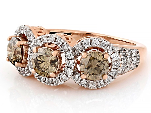 2.10ctw Round Champagne And White Diamond 10k Rose Gold 3-Stone Halo Ring - Size 6
