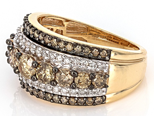 1.85ctw Round Champagne And White Diamond 10k Yellow Gold Multi-Row Wide Band Ring - Size 9