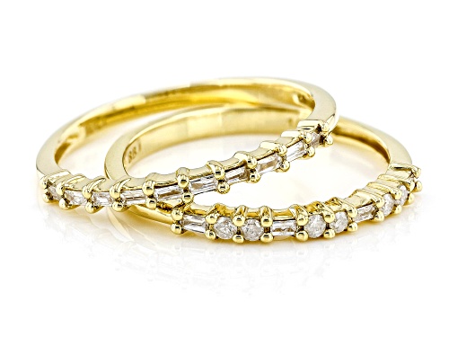 0.20ctw Baguette And Round White Diamond 10k Yellow Gold Set Of 2 Band Rings - Size 7.5