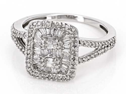 0.70ctw Baguette And Round White Diamond 10k White Gold Cluster Ring - Size 8