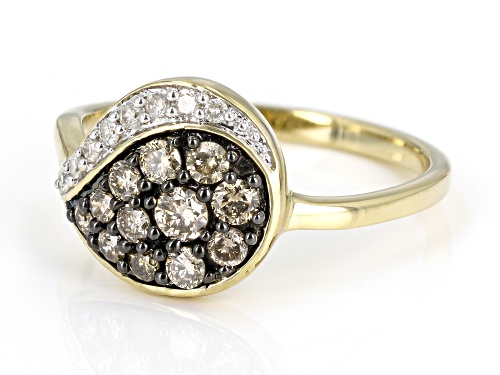 0.50ctw Round Champagne And White Diamond 10k Yellow Gold Cluster Ring - Size 8