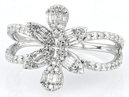 0.50ctw Round And Baguette White Diamond 10k White Gold Cluster Ring - Size 7