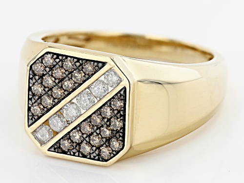 0.75ctw Round Champagne And White Diamond 10k Yellow Gold Mens Cluster Ring - Size 9