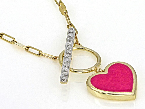 Round White Diamond Accent And Pink Ceramic 10k Yellow Gold Toggle Design Heart Necklace - Size 18