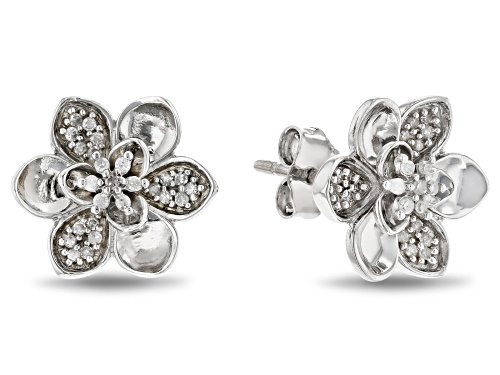 Enchanted Disney Mulan Plum Blossom Stud Earrings White Diamond Rhodium Over Silver 0.17ctw