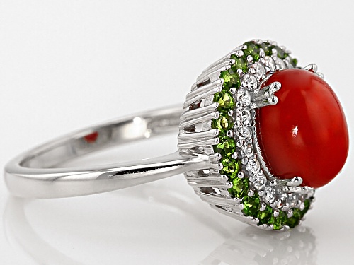 1.00ct Oval Orange Ethiopian Opal With .52ctw Russian Chrome Diopside And White Zircon Silver Ring - Size 10