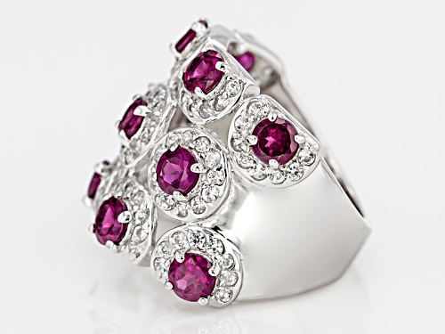 3.08ctw Round Raspberry color Rhodolite With 1.79ctw Round White Zircon Sterling Silver Ring - Size 7