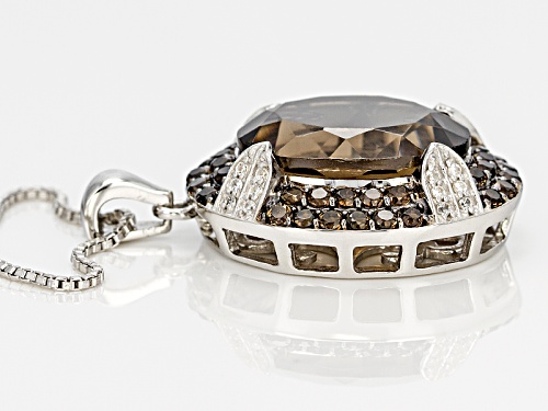 9.33ctw Oval And Round Smoky Quartz With .14ctw Round White Zircon Silver Pendant With Chain