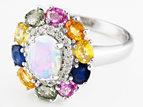 .53ctw Ethiopian Opal, 2.10ctw Multi Color Sapphire, .28ctw White Zircon Silver Ring - Size 11