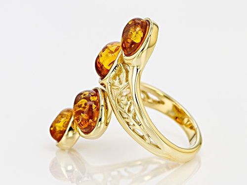 8x6mm And 7x5mm Oval Cabochon Orange Amber  18k Gold Over Sterling Silver 4-Stone Bypass Ring - Size 6