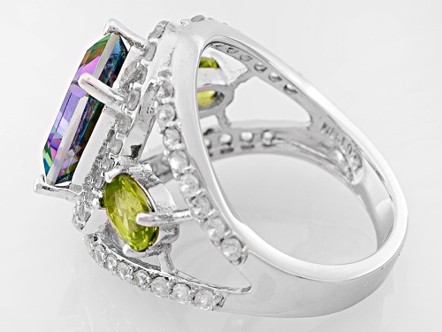 4.48ctw Emerald Cut Multi Color Quartz, Manchurian Peridot™, White Zircon Sterling Silver Ring - Size 6