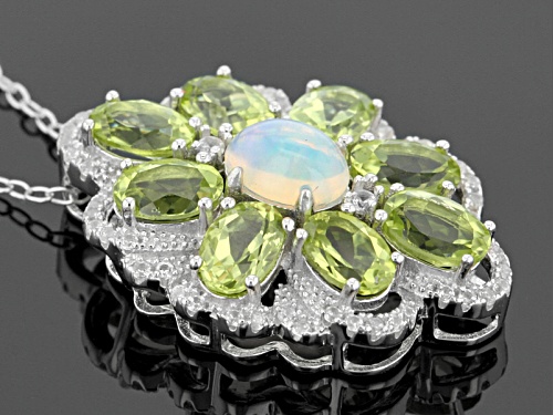 3.79ctw Oval Ethiopian Opal, Oval Manchurian Peridot™, And White Zircon Silver Pendant With Chain